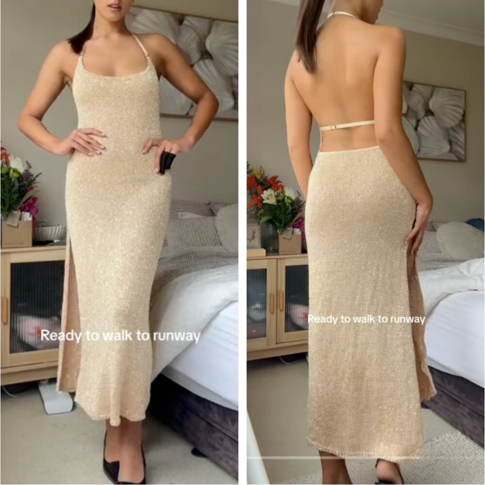 Bec & Bridge Sadie Split Midi Dress Medium/AU10/US6 Gold Sequins Party Cocktail
